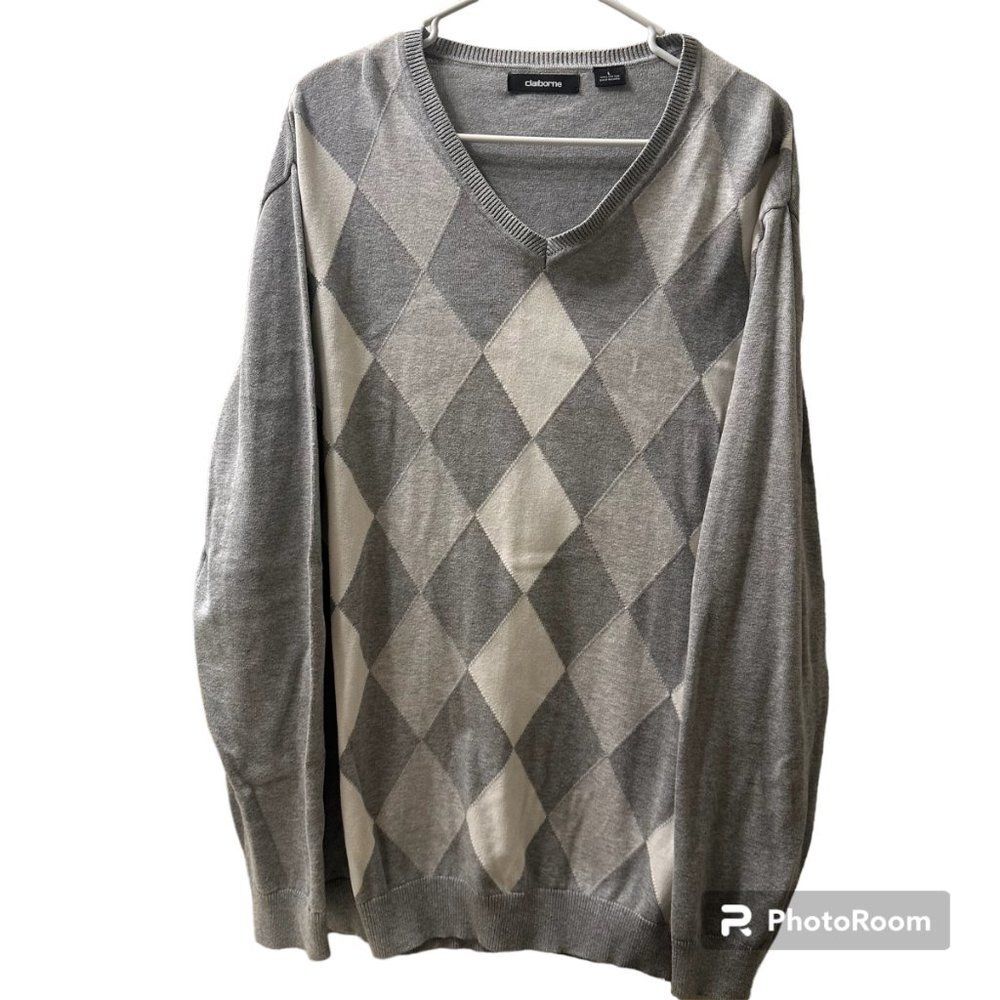 Clairborne Men's L Gray/White Argyle Navy V-Neck Lightweight Sweater 100% Cotton